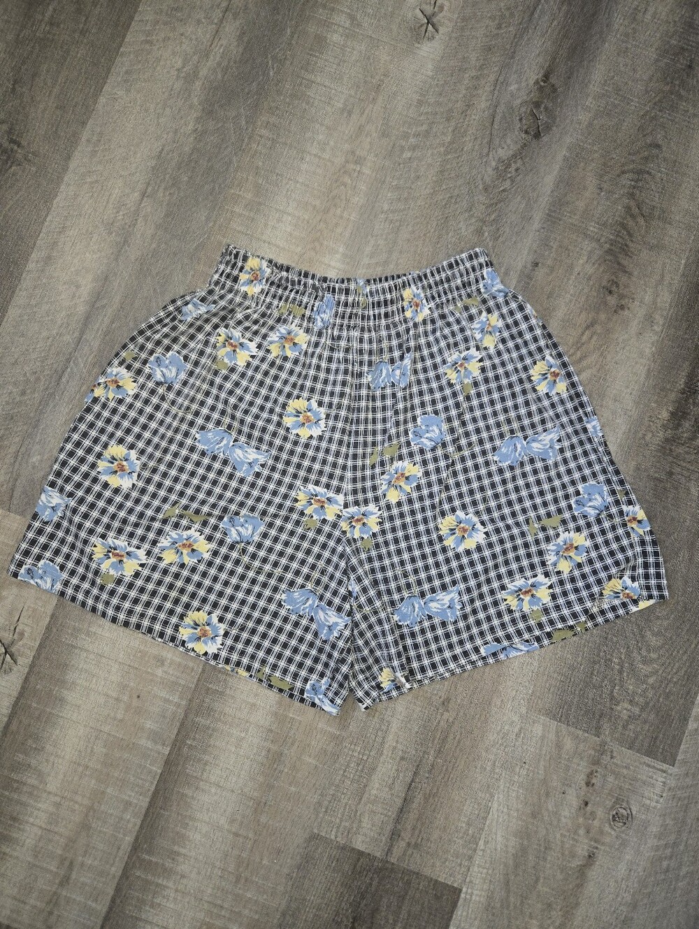 Vintage 90s Floral Plaid Elastic-Waist Lounge Shorts